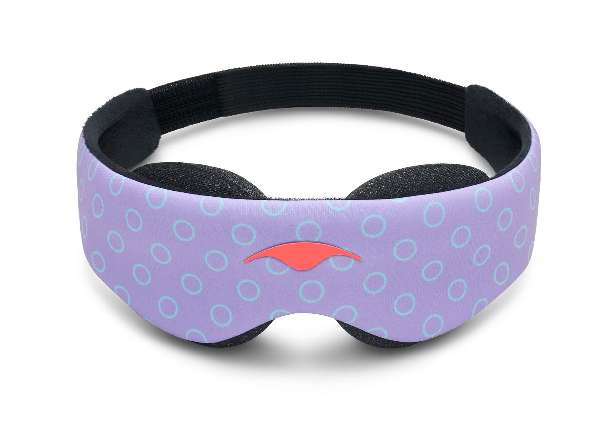 A front-facing product view of the Manta KIDS Sleep Mask standing vertically against a white background. The front panel features a purple base pattern covered in light blue open circles, with a prominent orange Manta Sleep logo centered directly above the nose bridge cutout. The plush black padded eye cups extend slightly below the main body.