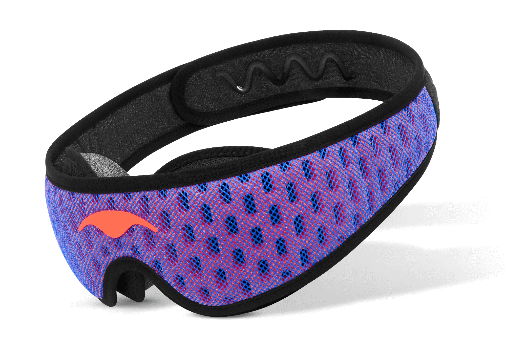 Three-quarter studio shot of the Manta PRO Sleep Mask with a blue and red mesh strap, black borders, and an coral-red Manta Sleep logo.