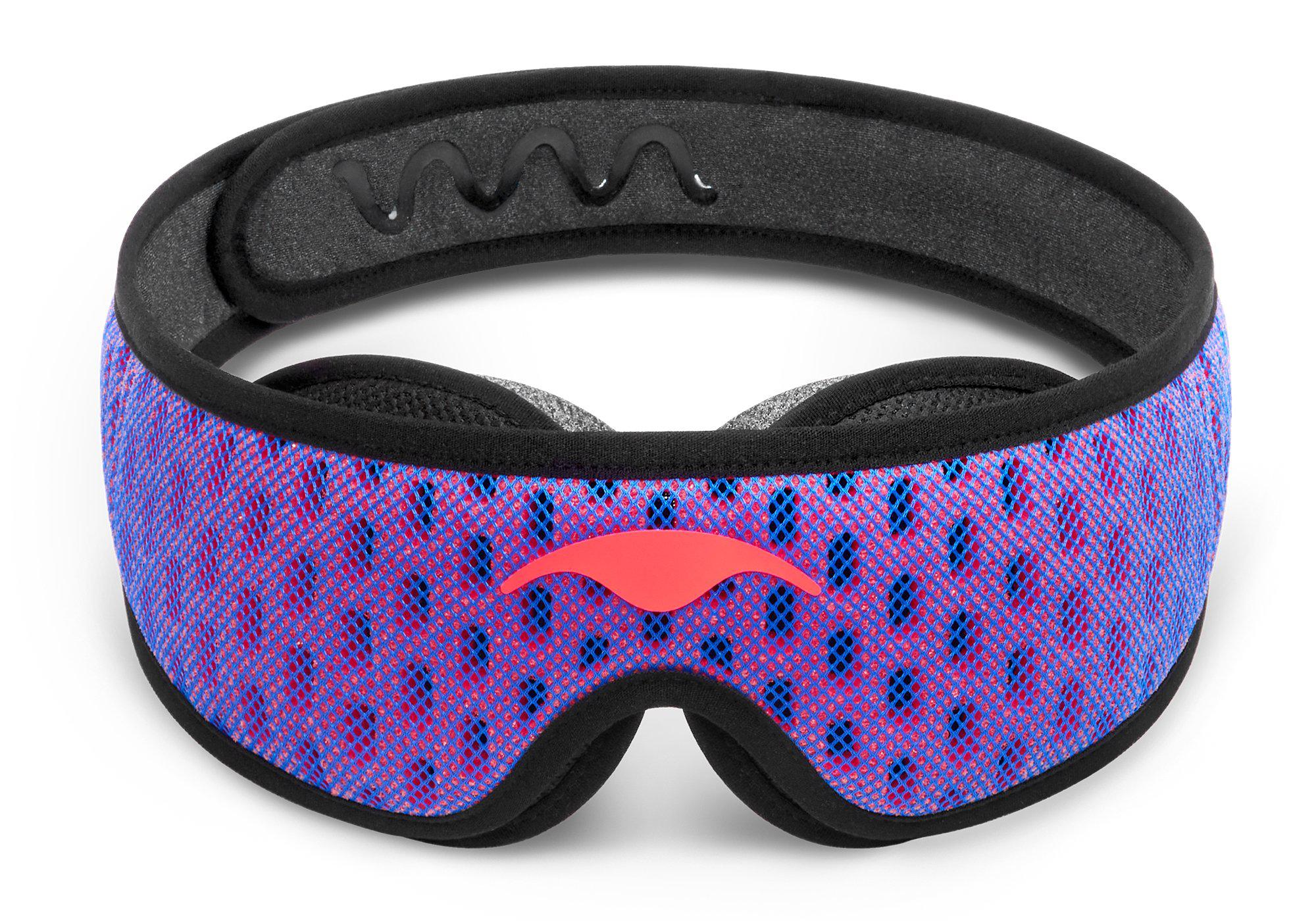 Front view of the Manta PRO Sleep Mask featuring a blue and red perforated mesh pattern, black trim, and an coral-red Manta Sleep logo.