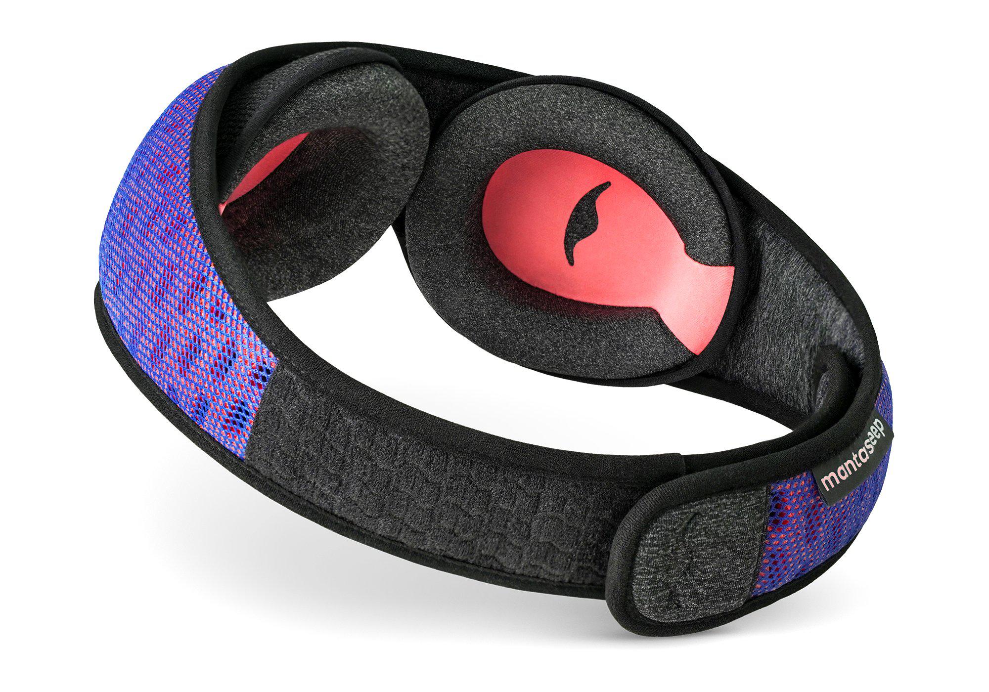 Angled inner view of the Manta PRO Sleep Mask showing the contoured grey foam eye cups with red lining and the wide, padded head strap.