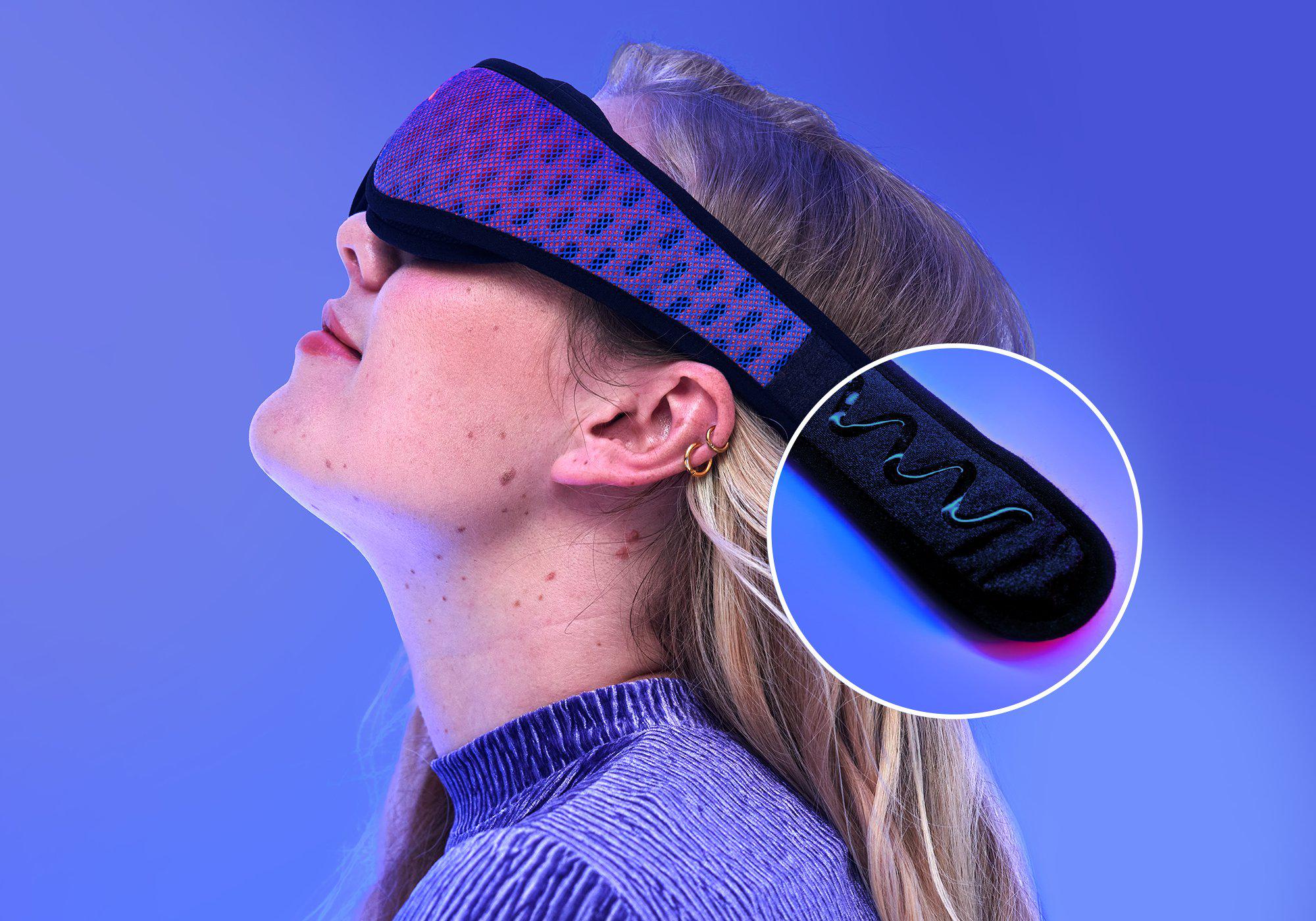 Side profile of a woman wearing a Manta PRO Sleep Mask, featuring a circular inset showing the anti-slip silicone grip on the inner strap.