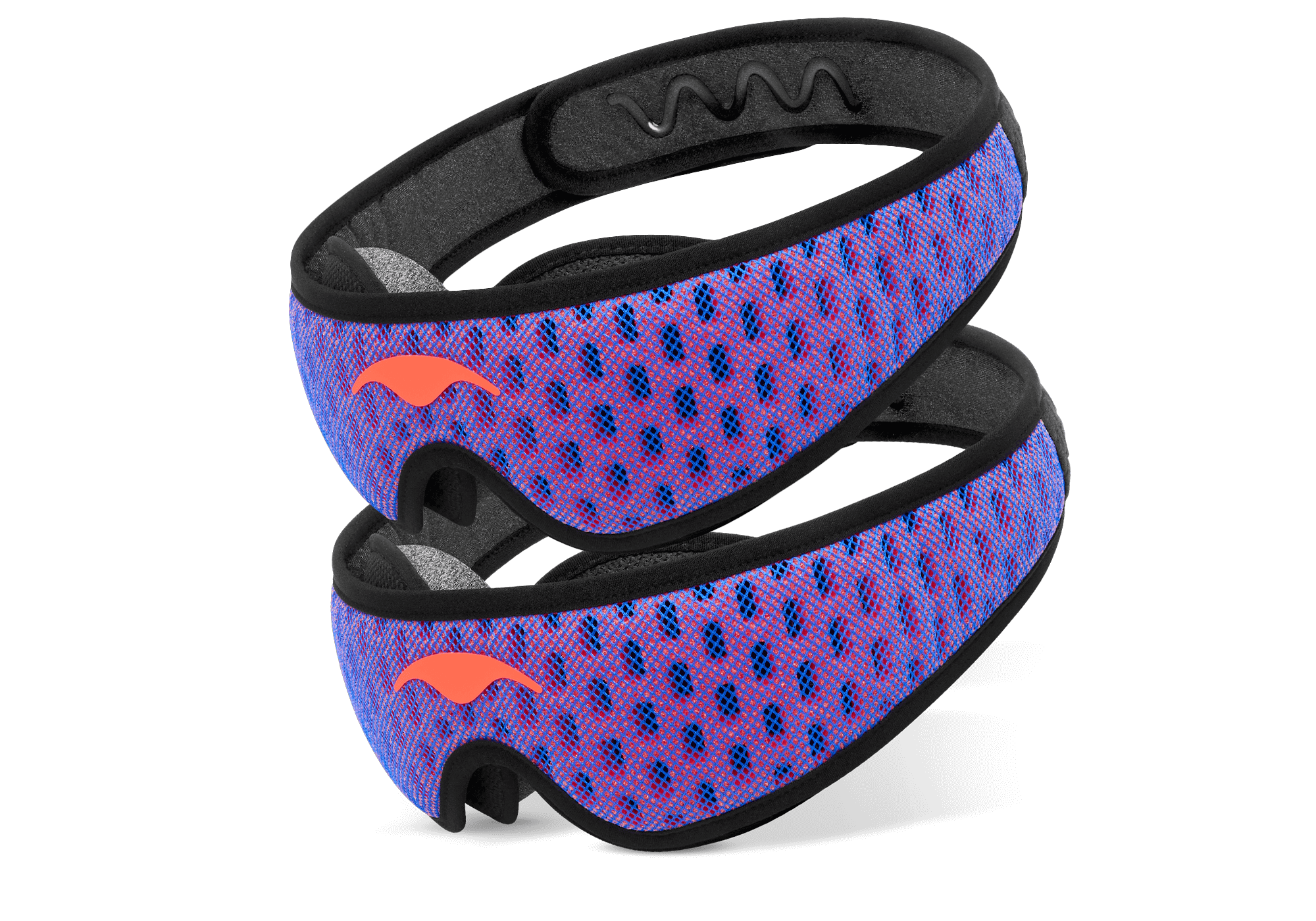 Two Manta Sleep Mask PRO units stacked diagonally, showcasing their blue and red perforated mesh pattern and coral-red Manta Sleep logos.