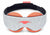 A front-facing vertical view of the Manta STEAM Sleep Mask standing upright against a white background. The mask features a wide, contoured front band made from a soft light gray heathered knit fabric with a coral-red Manta Sleep logo centered near the lower nose bridge cutout. The large, circular terracotta-orange eye cups extend symmetrically above and below the band.
