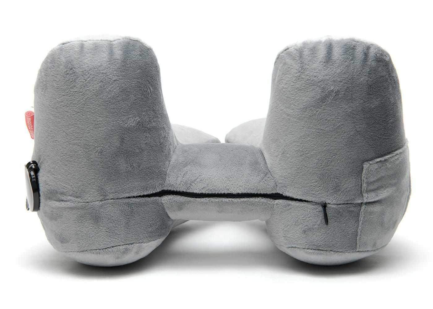 Rear view of a grey plush ergonomic Manta Travel Pillow with a central zipper, isolated on a white background.