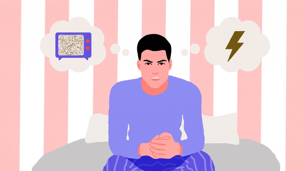 Man sitting on his bed weighing white noise vs brown noise, with TV static and a lightning bolt in thought bubbles.