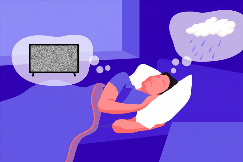 A person lying in bed choosing between pink noise vs white noise. Thought bubbles contain a TV with static and a pink cloud with rain.