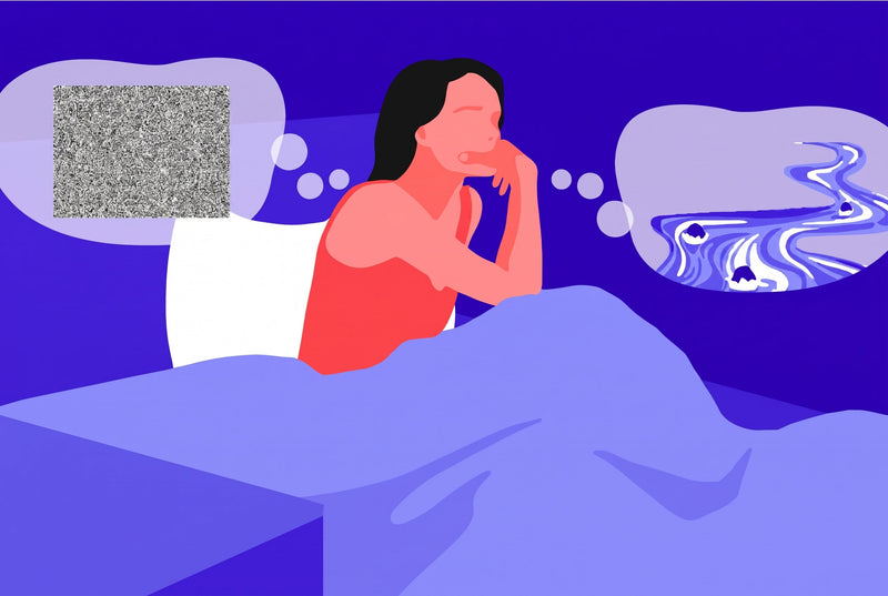 Woman in bed contemplating on white noise vs nature sounds represented by static and a body of water.