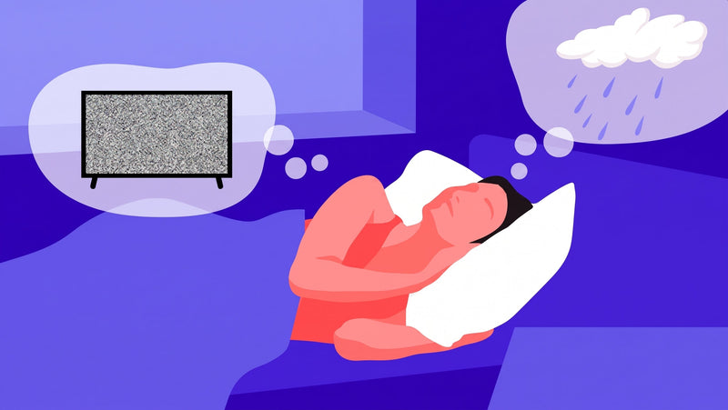 Woman sleeping on her side hugging a pillow, with TV static and a rain cloud in thought bubbles showing white noise vs nature sounds.