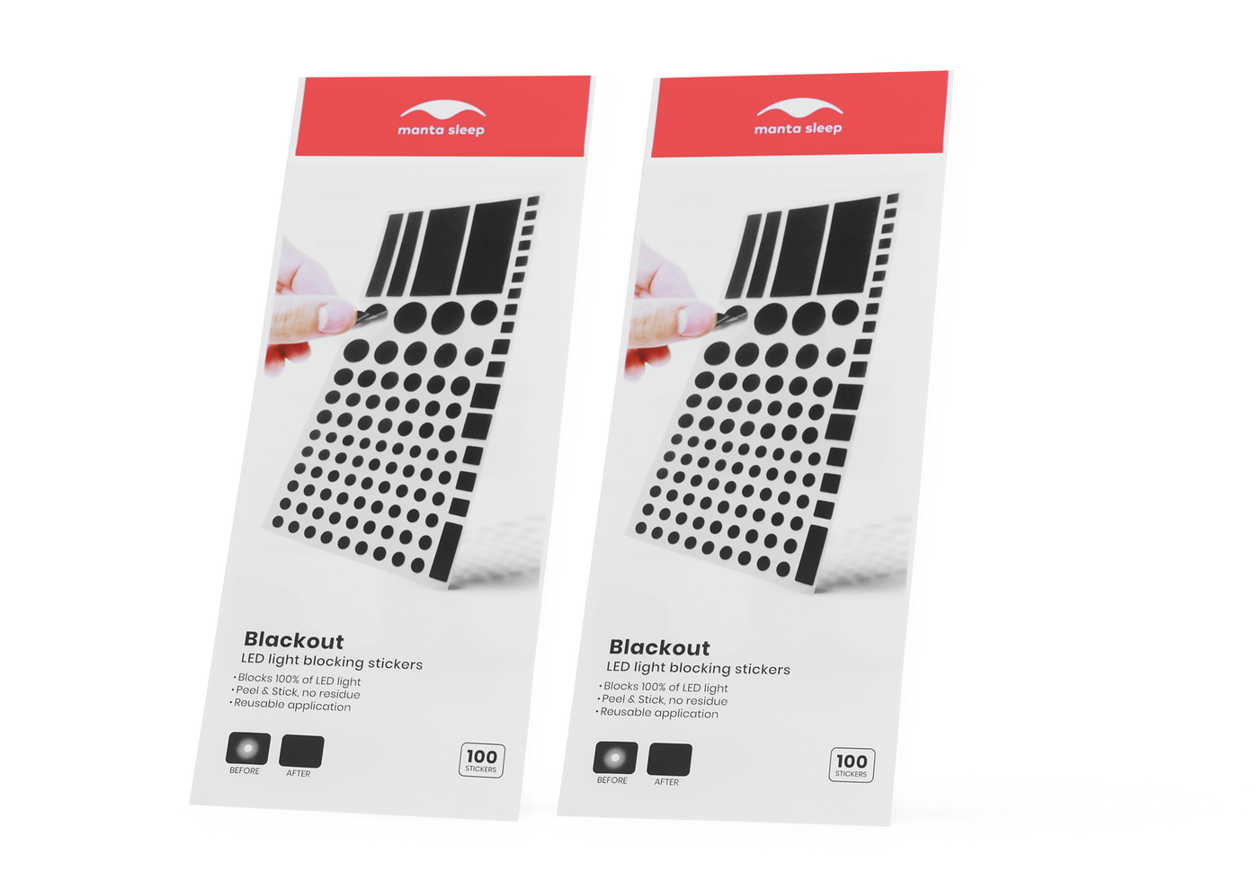 Two packs of Manta Sleep Blackout LED light blocking stickers shown side-by-side from an angled perspective, isolated on a white background.
