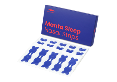 A blue Manta Sleep Nasal Strips product box standing next to several blue nasal strips in clear backing sheets, isolated on white.