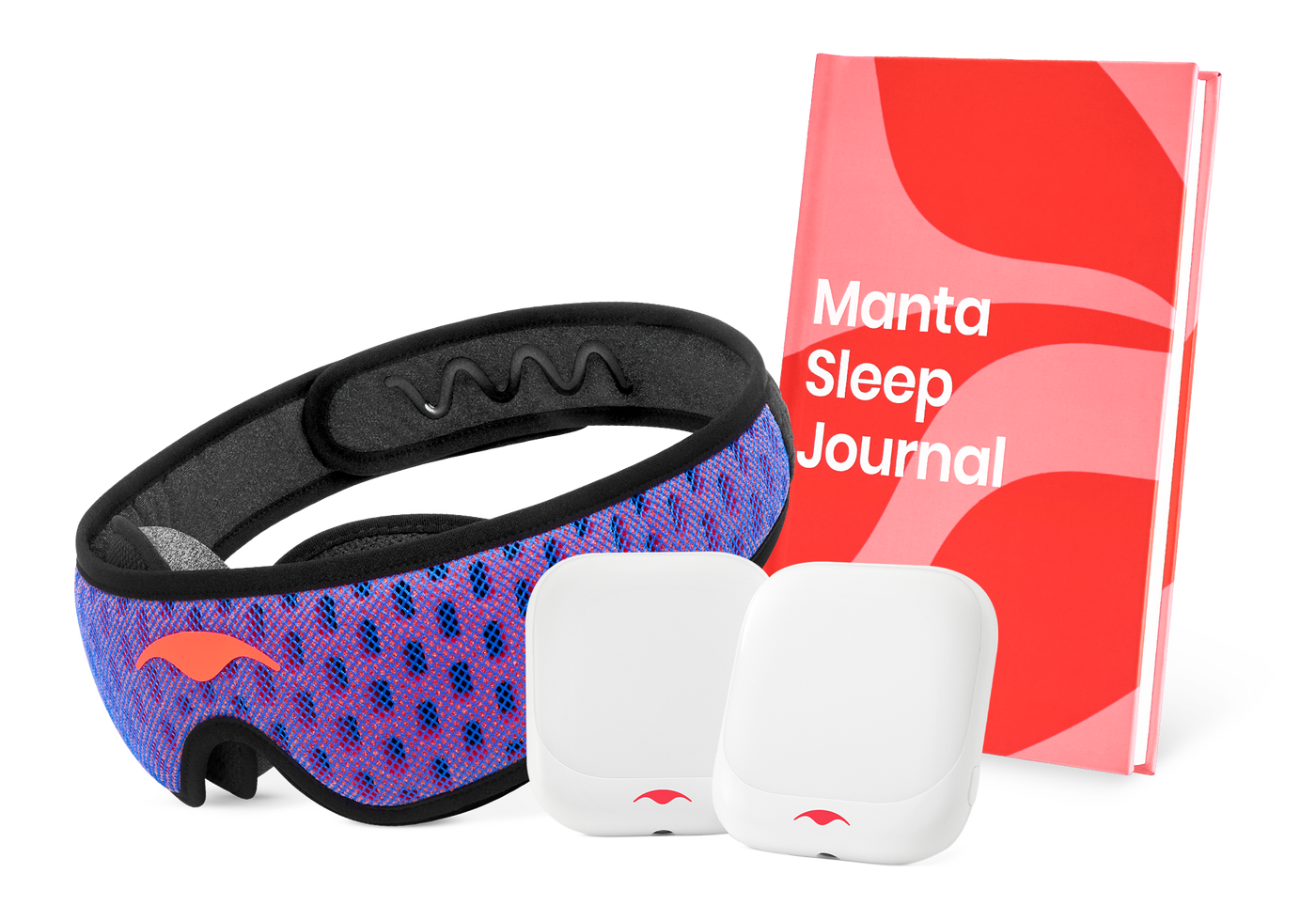 Sleep mask, sleep journal, and two small white devices on display.