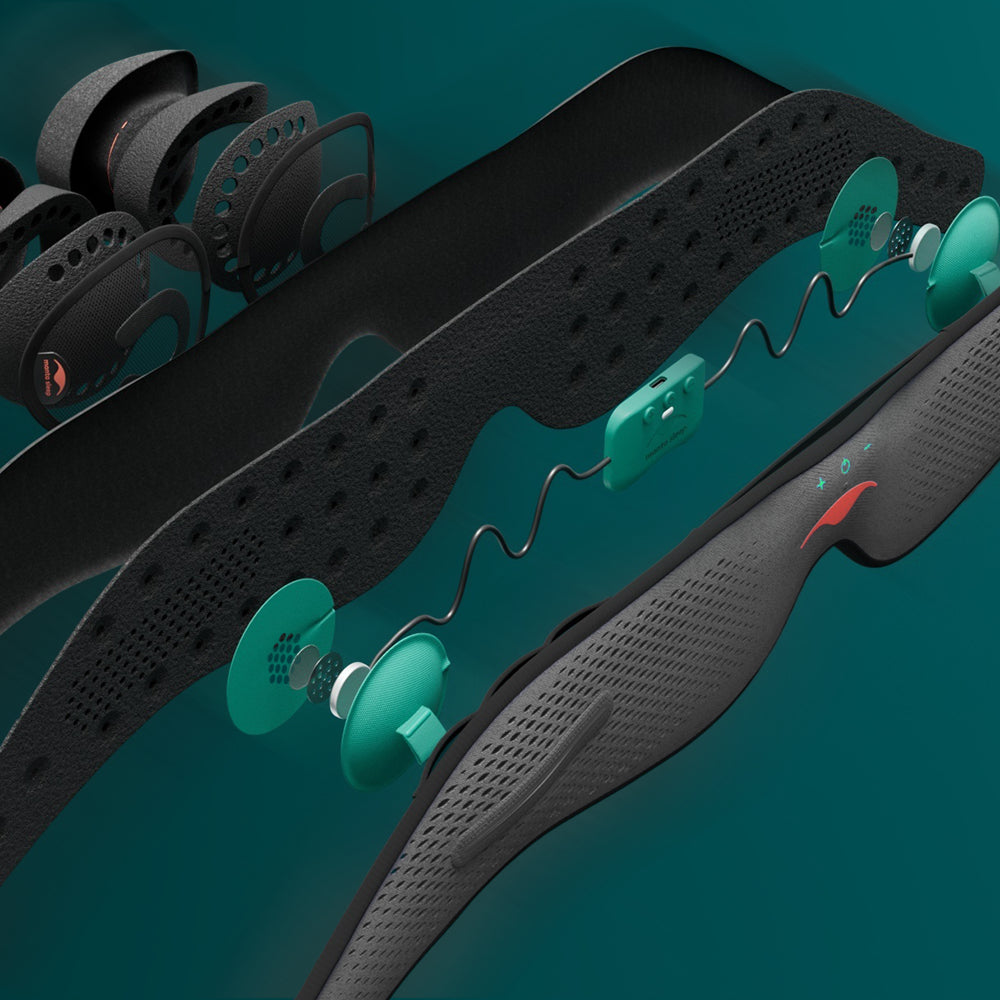 Exploded 3D diagram showing the layered components, Bluetooth controller, and thin speakers of the mesh mask.
