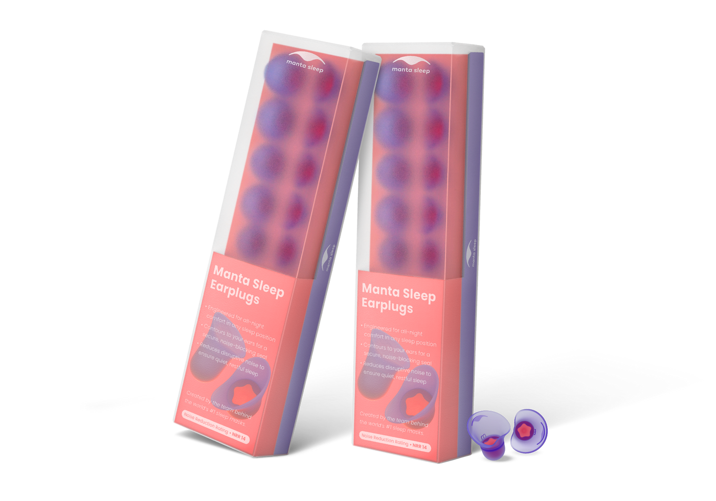 Two boxed packs of Manta Sleep Earplugs standing upright next to a pair of loose purple silicone earplugs, isolated on a white background.