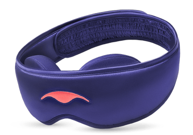 Three-quarter studio shot of the Manta SILK Sleep Mask in lustrous purple, featuring an embroidered coral logo and a ruched back strap section.