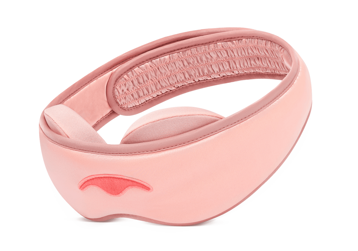 Three-quarter view of a Sunset Pink Manta SILK Sleep Mask on a white background, showcasing its smooth silk texture and contoured design.