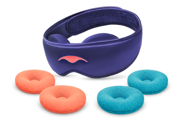 A purple Manta SILK Sleep Mask shown on a white background alongside two round orange STEAM eye cups and two round blue-teal COOL eye cups.
