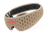 Three-quarter studio shot of the light brown Tranquil Taupe Manta PRO Sleep Mask, and an coral-red Manta Sleep logo.