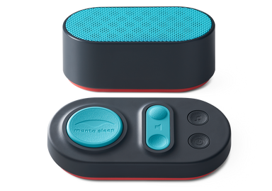 Front view of the oval Manta Sleep white noise speaker with a teal mesh top, paired with its matching teal-buttoned control pad.