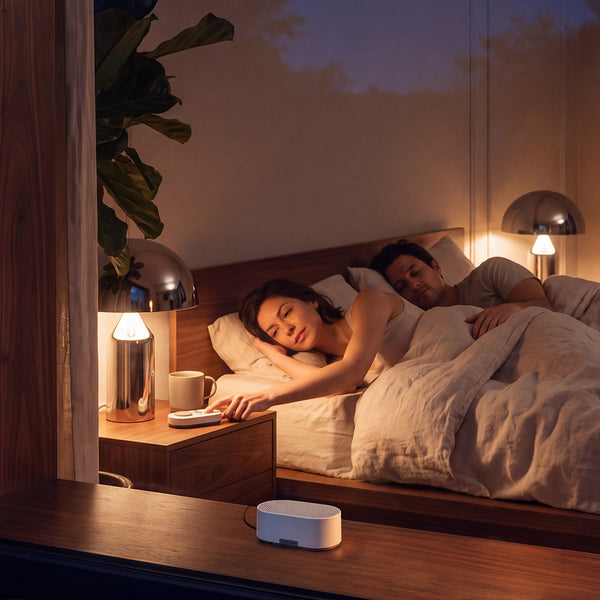Woman in bed reaching for the Manta White Noise Machine remote on a wooden nightstand, with the speaker resting on a ledge in foreground.
