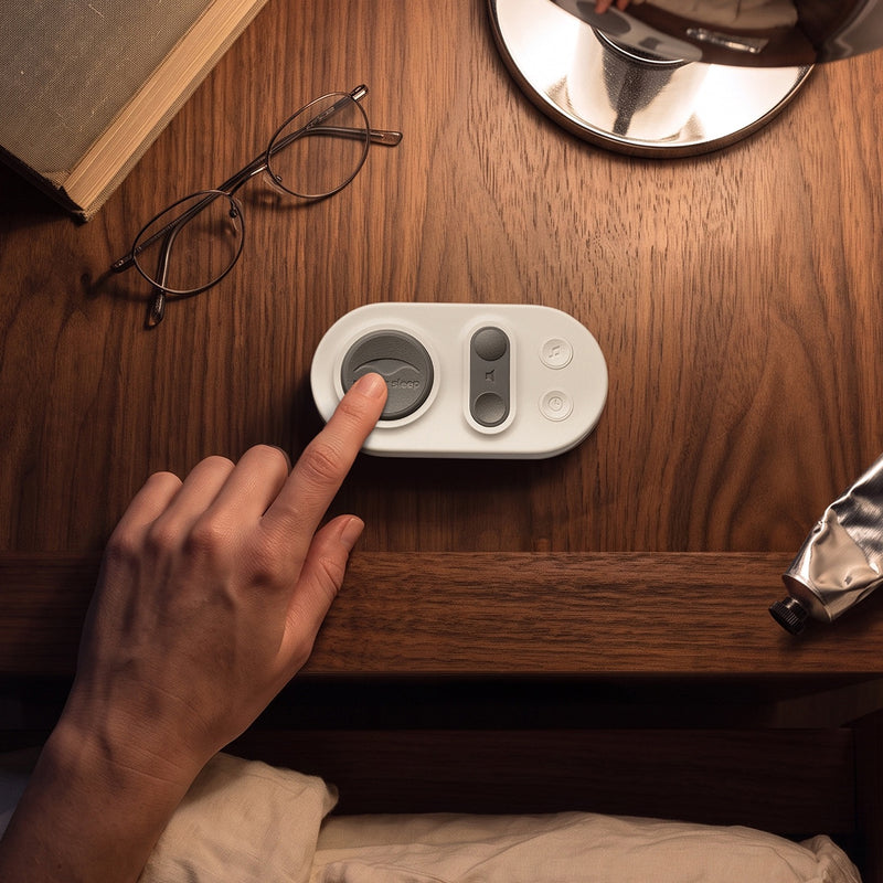 Overhead view of a finger pressing the main grey button on the Manta White Noise Machine remote resting on a wooden nightstand.