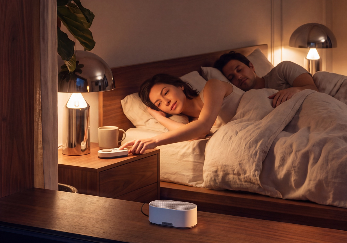 Manta White Noise Machine in Stone White color sits on a wooden nightstand in a warmly lit bedroom, with a woman and man laying in bed. Woman is using product's remote pad on a nightstand to control the machine.