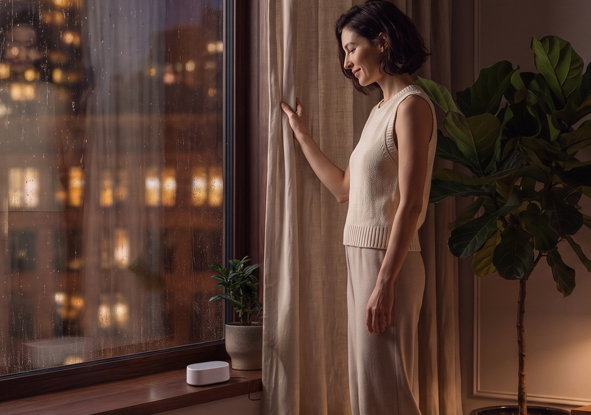 A woman in a beige knit sweater and matching skirt stands by a window, with a Manta White Noise Machine in Stone White standing on a window bench.
