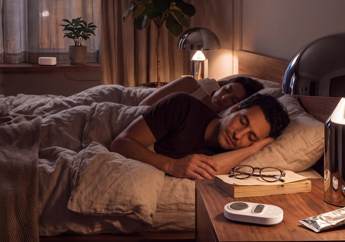 A man and a woman sleep in a bed in a dimly lit bedroom, with a bedside table holding a Manta White Noise Machine remote pad in foreground.