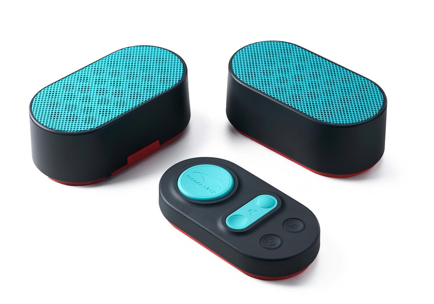 Three black and teal music devices with circular buttons.