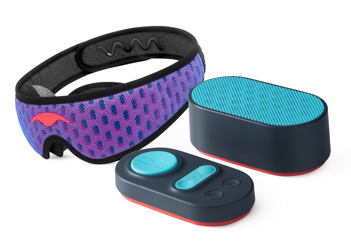 Sleep mask and two electronic devices with blue and pink design.