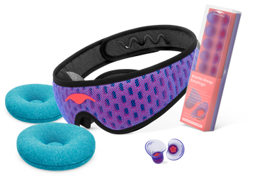 The Wake Up Ready Bundle, featuring a purple Manta PRO Sleep Mask, two teal Manta COOL Eye Cups, and a box of Manta Sleep Earplugs.
