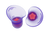 Pair of purple silicone earplugs showing the "m" size indicator and pink star-shaped foam cores inside, isolated on white.