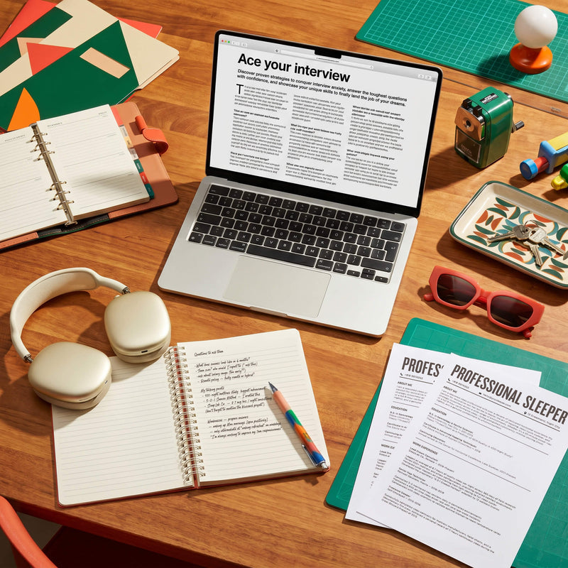 High-angle view of a wooden desk with a laptop displaying an interview guide, a notebook with prep notes, headphones, and a resume.