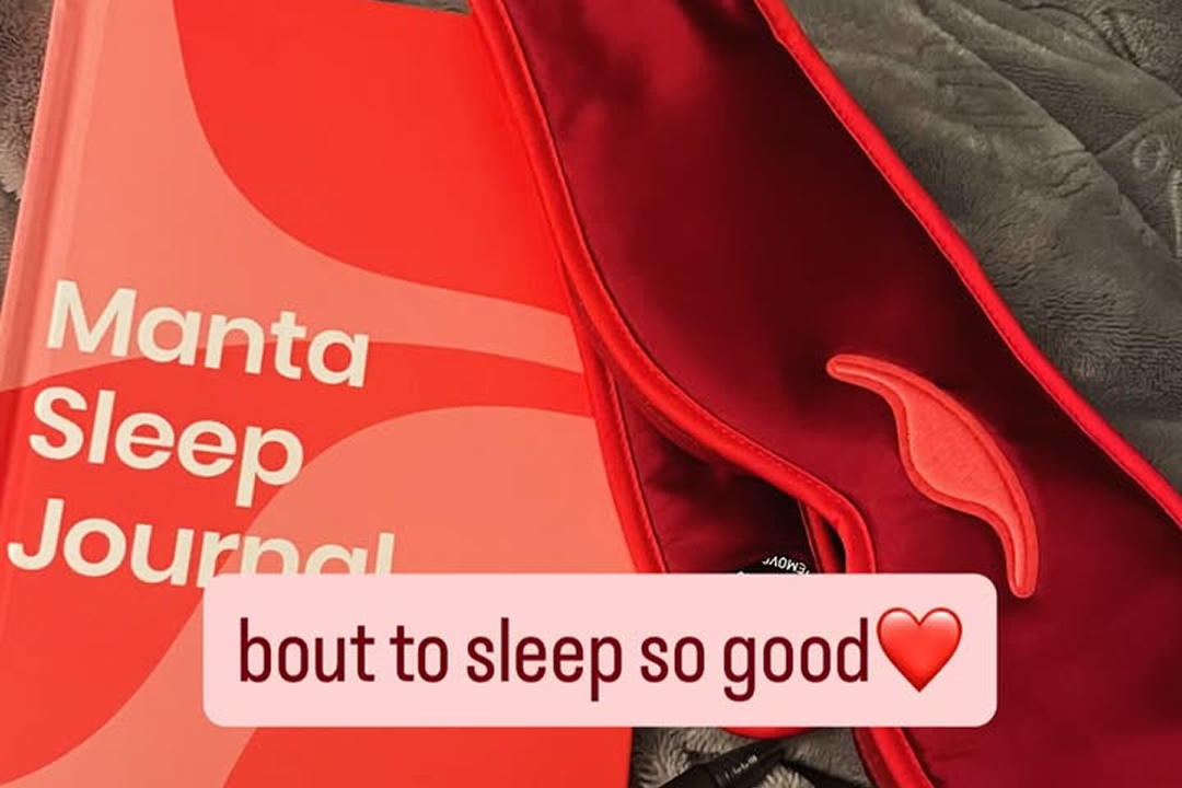 Red Manta Sleep Journal next to Cherry Red Manta SILK Sleep Mask, with text 'bout to sleep so good' and a heart emoji.