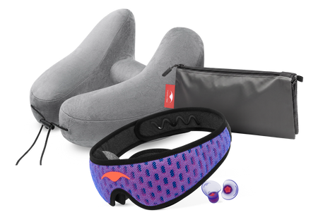 Manta PRO Traveler Bundle containing classic purple Manta PRO Sleep Mask, gray Manta Travel Pillow, gray Manta Travel & Laundry Bag and purple Manta Sleep Earplugs.