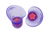 Pair of purple silicone earplugs showing the "m" size indicator and pink star-shaped foam cores inside, isolated on white.
