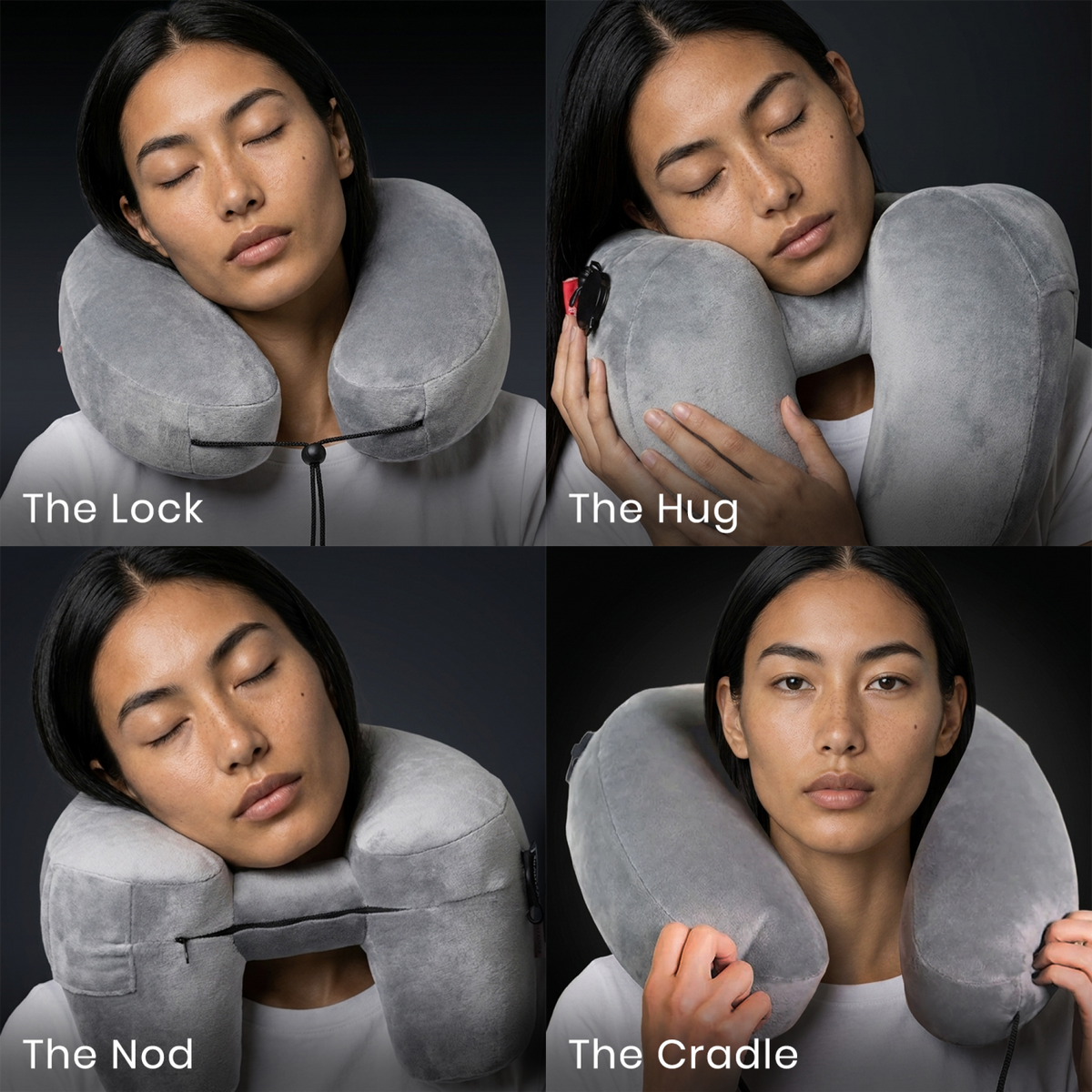 A four-panel collage showing a woman wearing and holding a gray U-shaped Manta Travel Pillow in different positions: 'The Lock,' 'The Hug,' 'The Nod,' and 'The Cradle.'