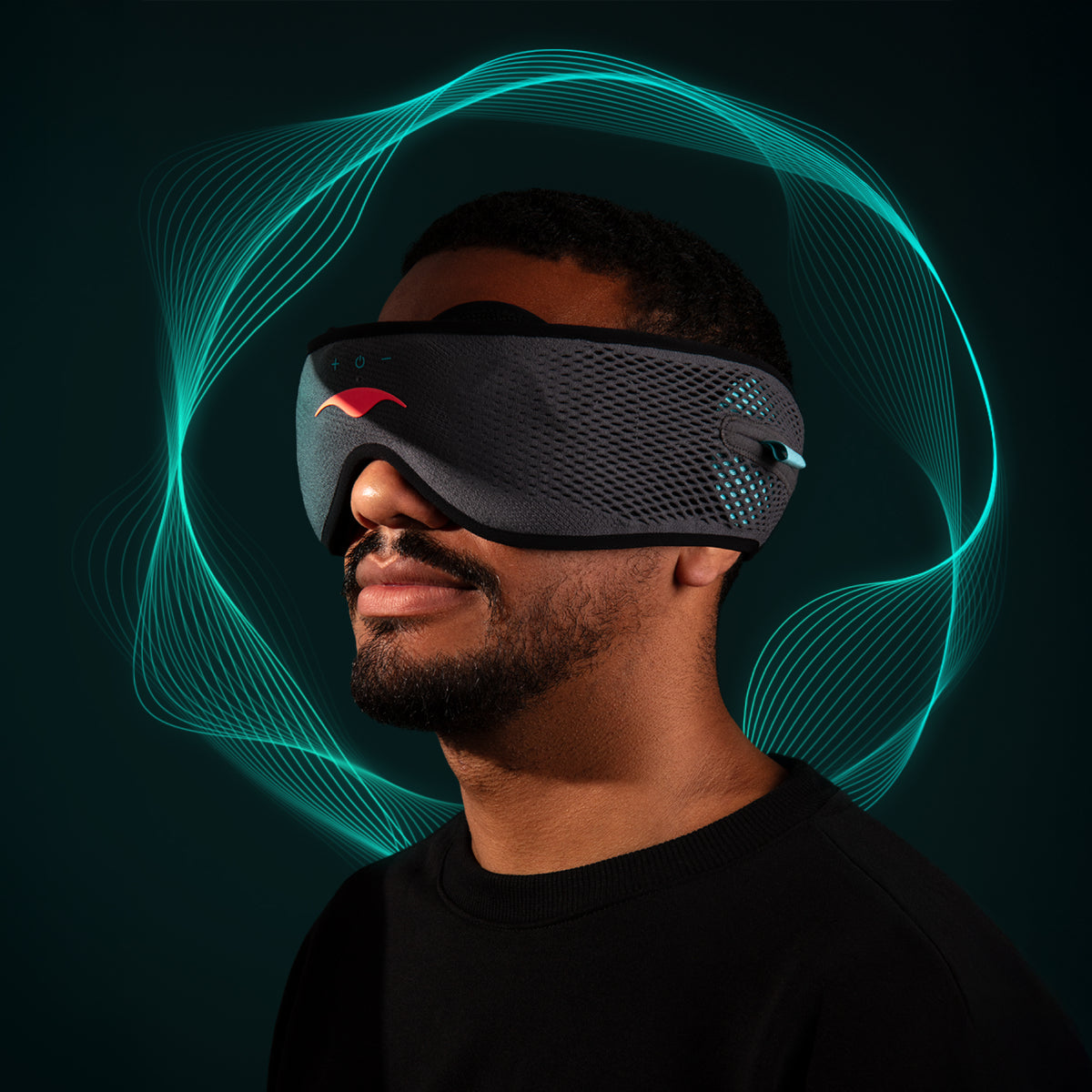 Man wearing dark gray Manta SOUND Sleep Mask against a dark background with a teal wave graphic.