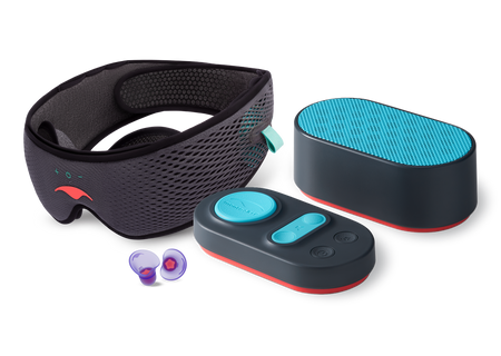 Manta SOUND mask, purple earplugs, and black and teal white noise machine with wireless remote.