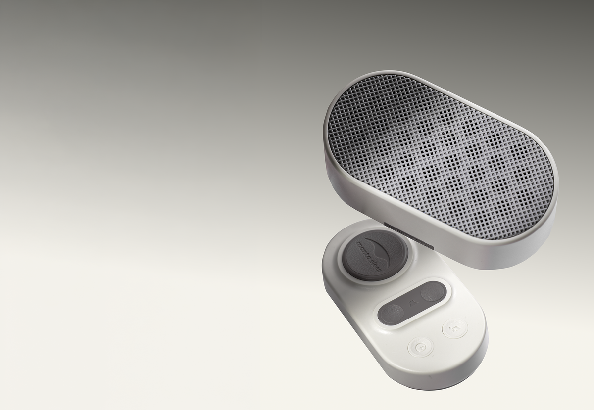 Stone White Manta White Noise Machine speaker floating above its matching oval remote on a gradient background.