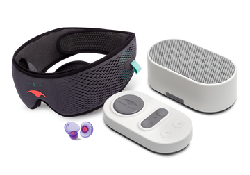 Manta SOUND mask, purple earplugs, and Stone White white noise machine with wireless remote on a white background.