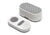 Stone White white noise machine speaker and oval wireless remote control on a white background.