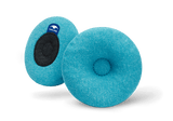 Pair of round blue-teal Manta COOL Eye Cups, showing both the indented front side and the black hook-and-loop back side on white.