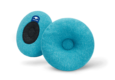 Pair of round blue-teal Manta COOL Eye Cups, showing both the indented front side and the black hook-and-loop back side on white.