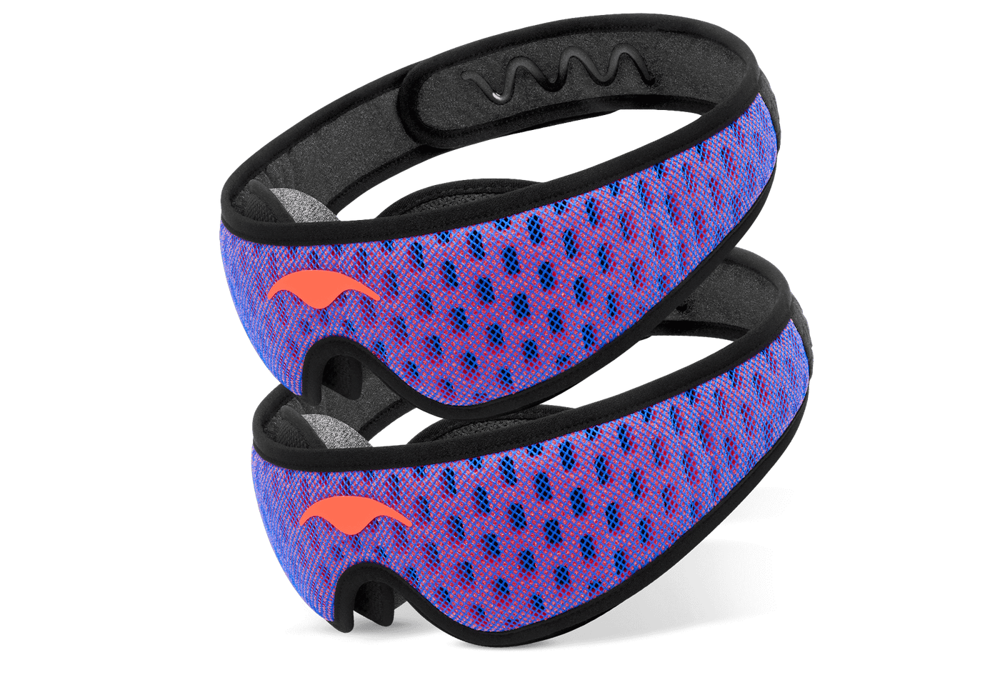 Two Manta Sleep Mask PRO units stacked diagonally, showcasing their blue and red perforated mesh pattern and coral-red Manta Sleep logos.