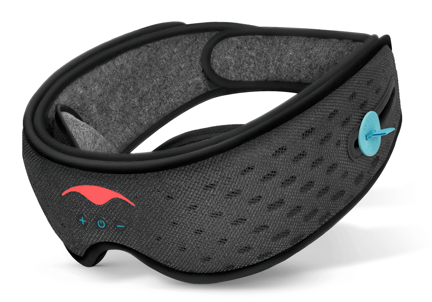 A black sleep headband with control buttons and breathable fabric.